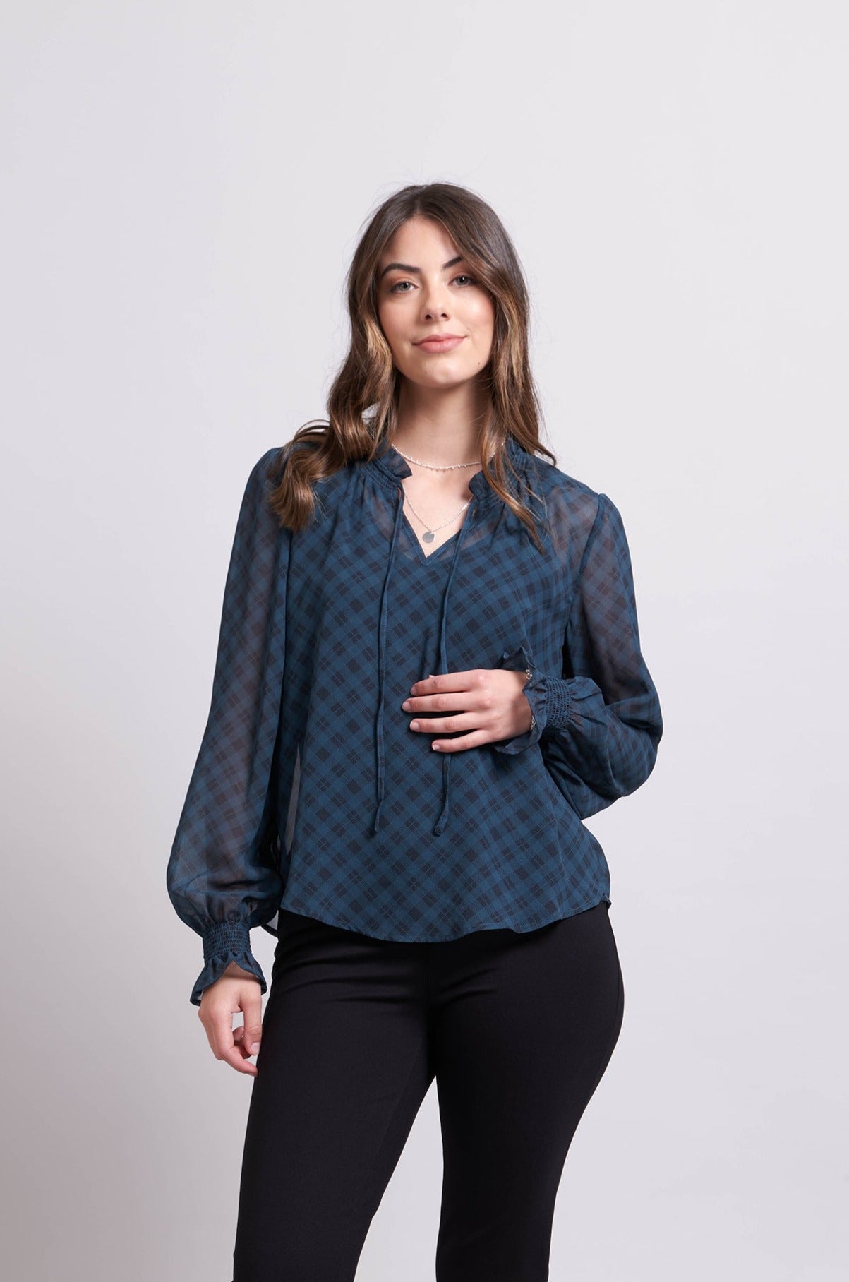 RUFFLE NECK SHIRRED BLOUSE